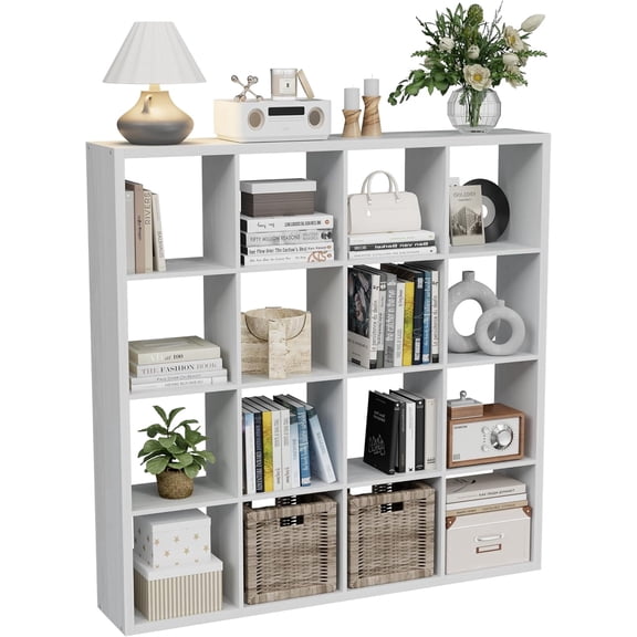 ANHDAH 16-Cube Bookcase & Storage Organizer, Thick Edges Bookshelf Multipurpose Display Shelves for Home Office, White