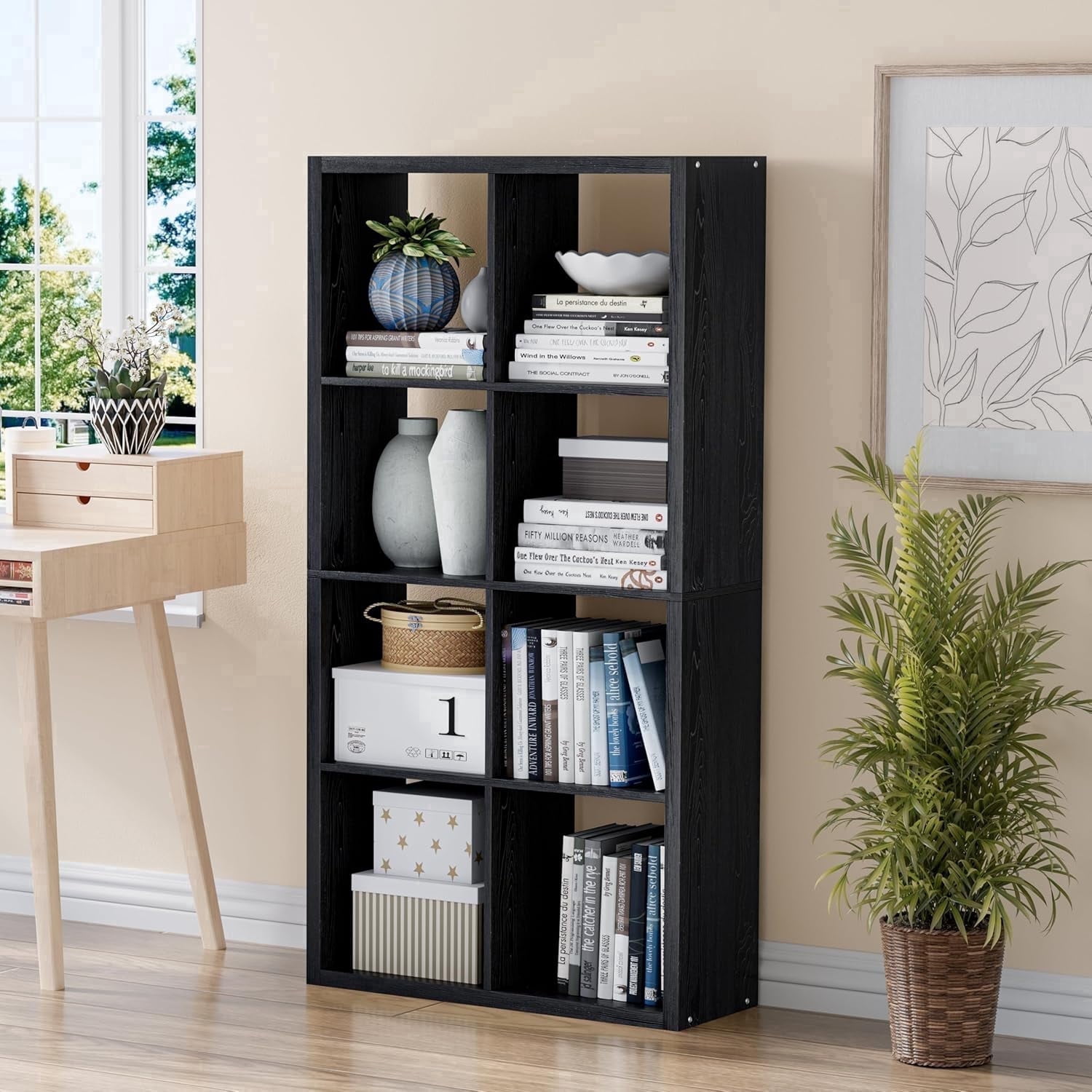 Anhdah 8 Cube Storage Organizer Bookshelf, Black Wooden Bookcase Storage Shelf, Sturdy 8-Cube Organizer for Living Room, Bedroom, Home Office, Easy Assembly