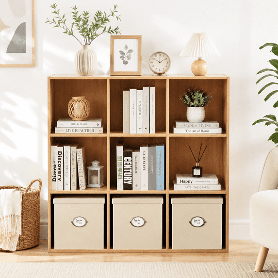 Anhdah 9 Cube Storage Organizer, Cube Bookcase Closed Back Panel Bedroom, Living Room, Home Office, Closet Bookshelves Natural Oak