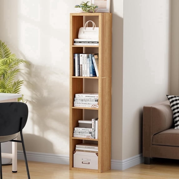 ANHDAH 5-Cube Bookcase & Storage Organizer, Thick Edges Bookshelf Multipurpose Display Shelves for Home Office, Natural Oak
