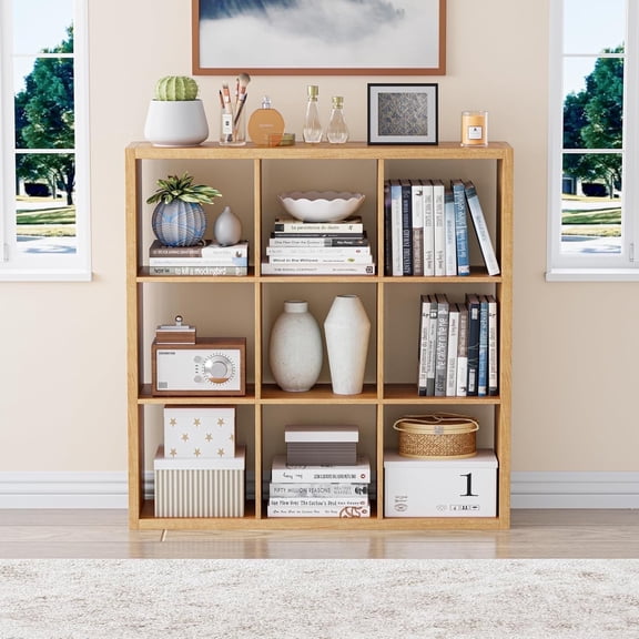 ANHDAH 9-Cube Bookcase & Storage Organizer, Thick Edges Bookshelf Multipurpose Display Shelves for Home Office, Natural Oak