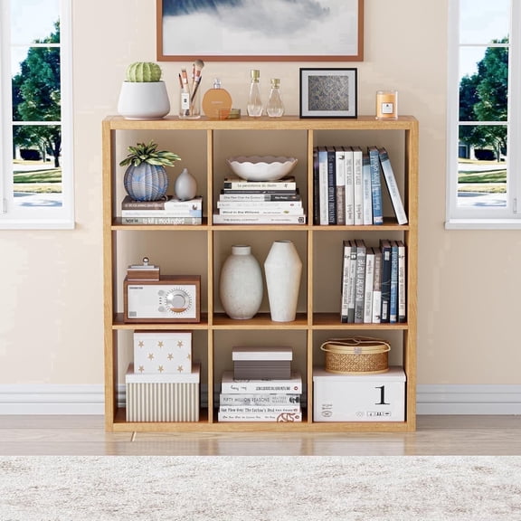 ANHDAH 9-Cube Bookcase & Storage Organizer, Thick Edges Bookshelf Multipurpose Display Shelves for Home Office, Natural Oak