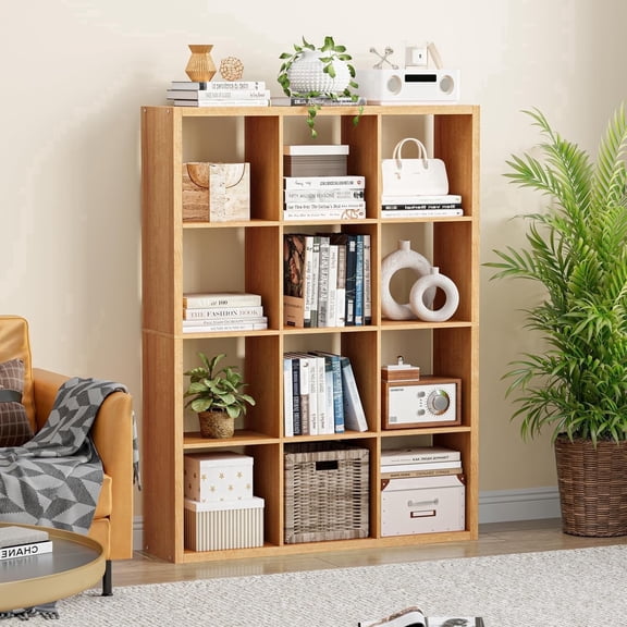 Anhdah 12 Cube Storage Organizer Bookshelf, Natural-Oak Wooden Bookcase Storage Shelf, Sturdy 12-Cube Organizer for Living Room, Bedroom, Home Office, Easy Assembly