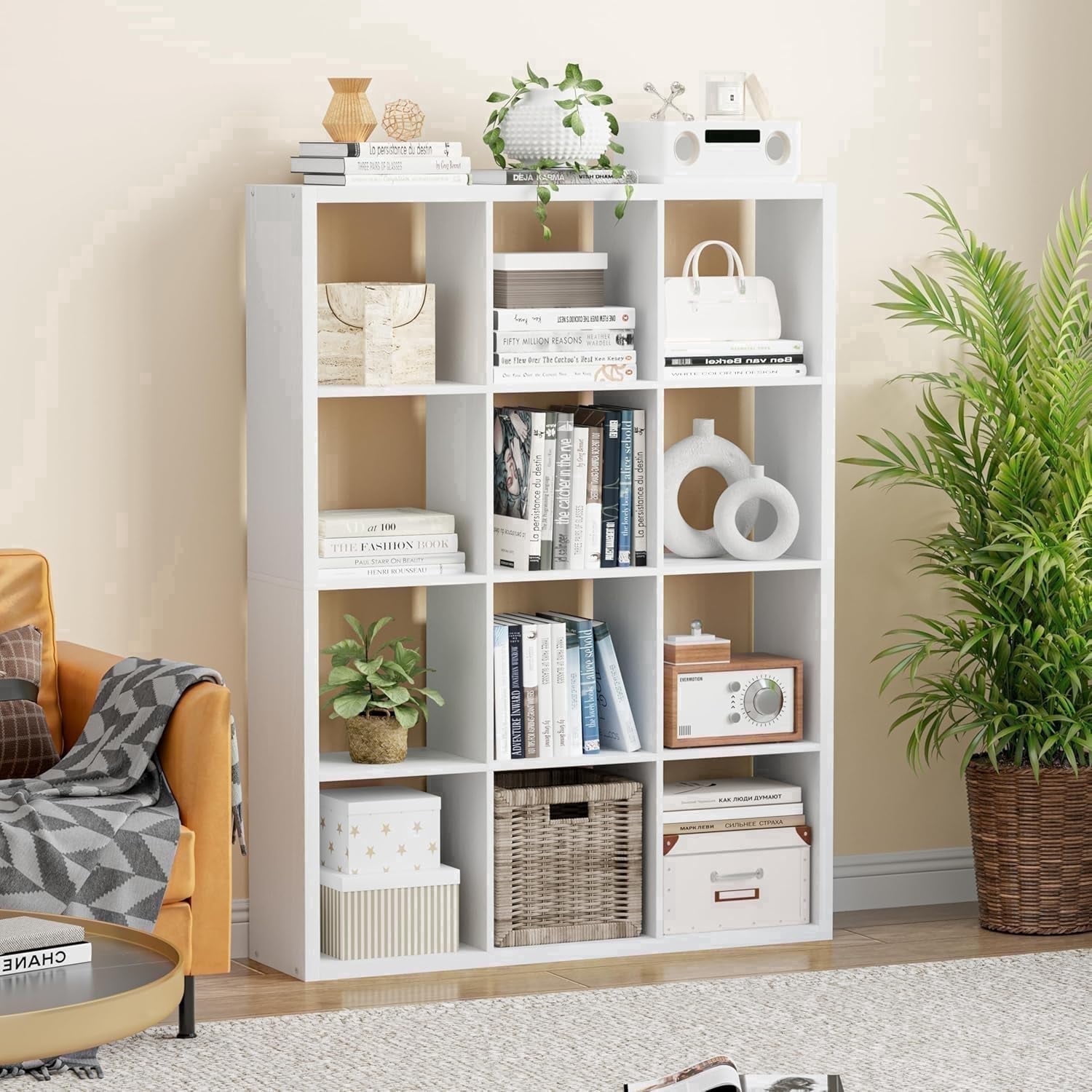 White Large Storage Racks ANHDAH, 12 Cube Storage Organizer Bookshelf, White, Modern Minimalist ...