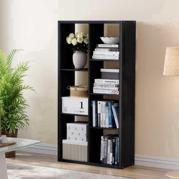 Anhdah 7 Cube Storage Organizer Bookshelf, Black Wooden Bookcase Storage Shelf, Sturdy 7-Cube Organizer for Living Room, Bedroom, Home Office, Easy Assembly