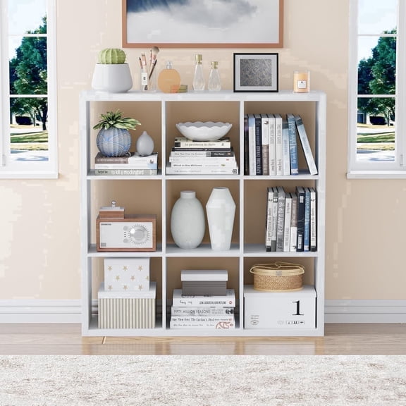 Anhdah 9 Cube Storage Organizer Bookshelf, White Wooden Bookcase Storage Shelf, Sturdy 9-Cube Organizer for Living Room, Bedroom, Home Office, Easy Assembly
