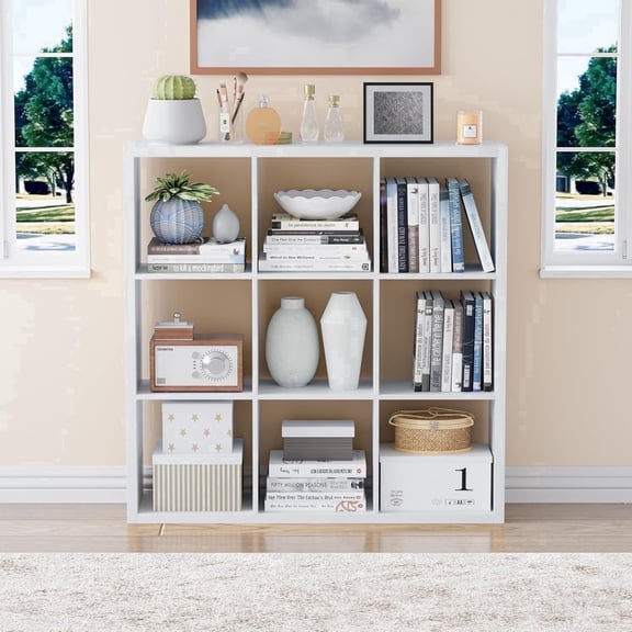 ANHDAH 9-Cube Bookcase & Storage Organizer, Thick Edges Bookshelf Multipurpose Display Shelves for Home Office, White