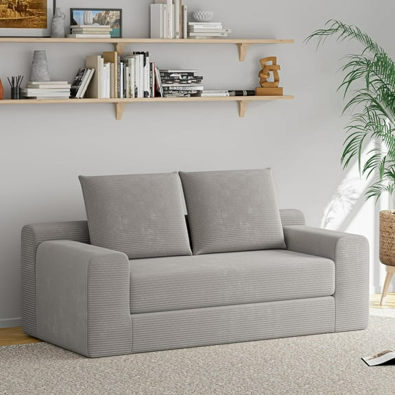 ANHDAH 2 in 1 Convertible Sofa Bed- Chaise Lounge Chair & Floor Futon Sleeper, Boneless Couch in a Box with Pull-Out Seat Cushion and 2 Pillows, No Assembly Corduroy Folding Couch Bed.