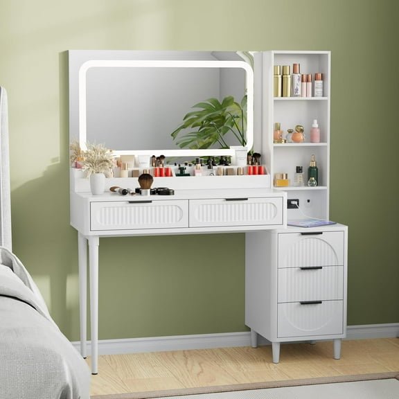 ANHDAH Modern Fluted Makeup Vanity Desk with Mirror Lights, 5 Drawers, Charging Station, Open Shelf, Large Dressing Table for Bedroom