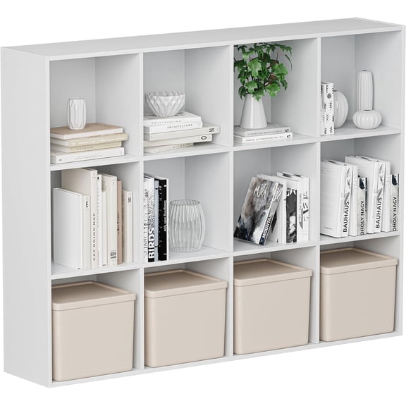 ANHDAH 12-Cube Storage Organizer & Bookcases, Closed Back Display Shelves for Living Room, Bedroom, Home Office, Embossed White