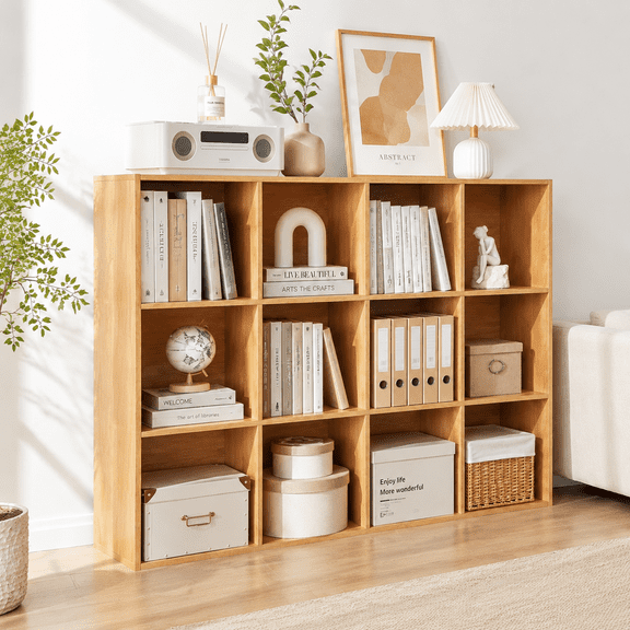 Anhdah 12 Cube Storage Organizer, Cube Bookcase Closed Back Panel Bedroom, Living Room, Home Office, Closet Bookshelves Natural Oak