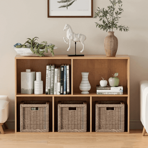 ANHDAH 5-Cube Storage Organizer & Bookcases, Closed Back Display Shelves for Living Room, Bedroom, Home Office, Natural Oak