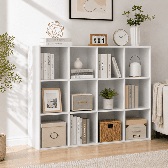 Anhdah 12 Cube Storage Organizer, Cube Bookcase Closed Back Panel Bedroom, Living Room, Home Office, Closet Bookshelves White
