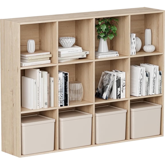 ANHDAH 12-Cube Storage Organizer & Bookcases, Closed Back Display Shelves for Living Room, Bedroom, Home Office, White Oak