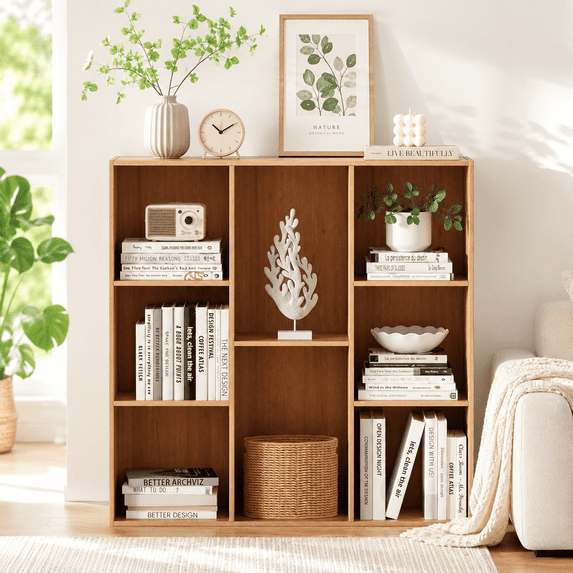Anhdah 8 Cube Storage Organizer, Cube Bookcase Closed Back Panel Bedroom, Living Room, Home Office, Closet Bookshelves Natural Oak