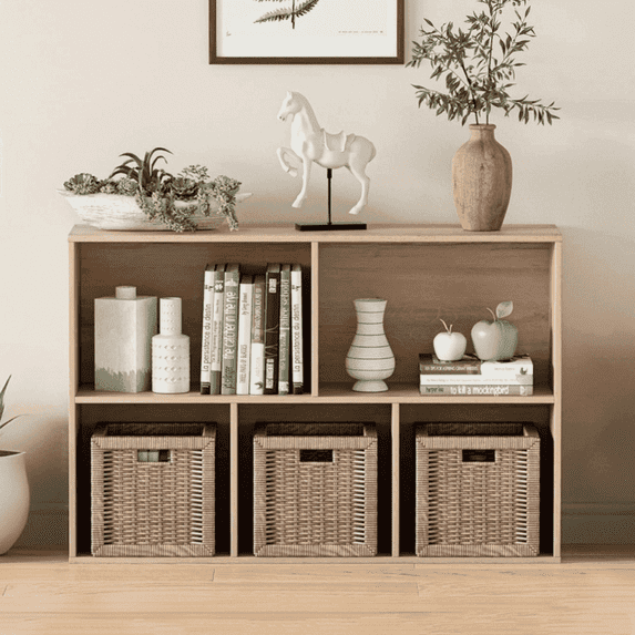 ANHDAH 5-Cube Storage Organizer & Bookcases, Closed Back Display Shelves for Living Room, Bedroom, Home Office, White Oak