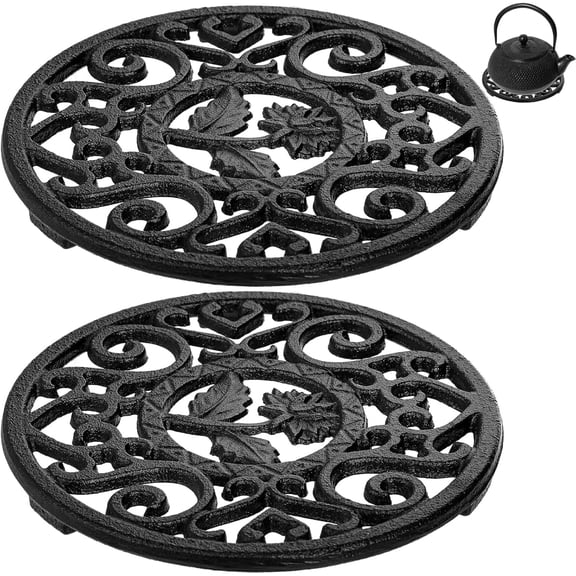 ANHXN 2 Pack Cast Iron Trivet with Pegs, 4.6 Inch Round Metal Trivet with Vintage Patterns Rustproof Hot Pot Holder Pads for Serving Hot Dishes, Pans, Pots, Tea Pots, for Kitchen Counter Top, Black