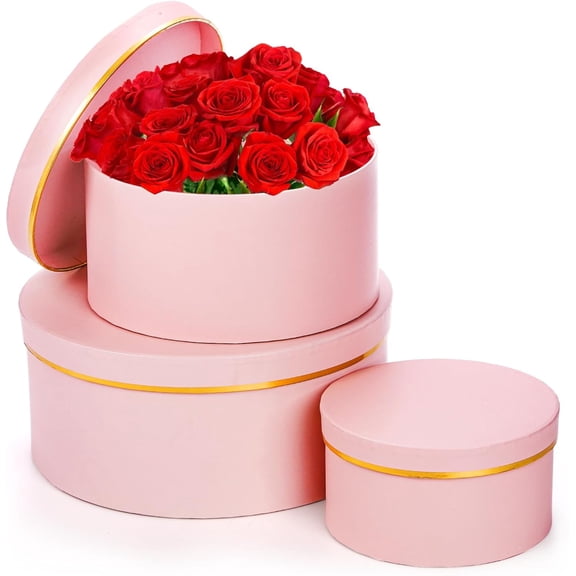 ANHXN 3 Pcs Round Gift Boxes with Lid, Pink Flower Box with Golden Rim Nested Party Favor Boxes for Flower Arrangement, Birthday, Wedding, Christians, Anniversary, Pink, 3 Sizes
