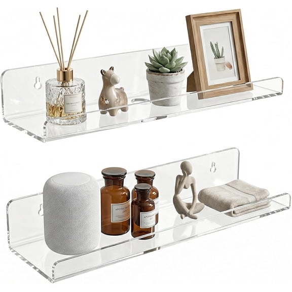 ANHXN Acrylic Floating Shelves, Adhesive Wall Mount Command Shelves for Bathroom, Kitchen, Dorm - Renter-Friendly Easy Install Wall Shelves for Home Decor and Organization