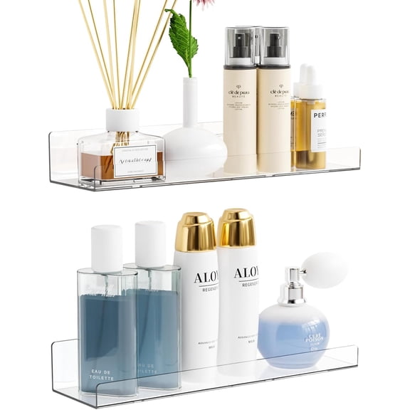 ANHXN Acrylic Shelves for Wall Storage,No Drilling Adhesive Shelves,Clear Stick On Bathroom Wall Shelf Organizers,Plastic Floating Shelves for Perfume,Funko,Lego,Skincare,Bookshelf for Kids
