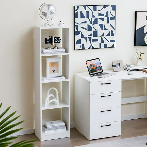 ANHXN Bookcase White - Freestanding 15" Wide 5-Tier Narrow Open Display Bookshelf with 4 Anti-Tipping Kits, Wooden Cube Storage Organizer for Small Place, Living Room, Bedroom