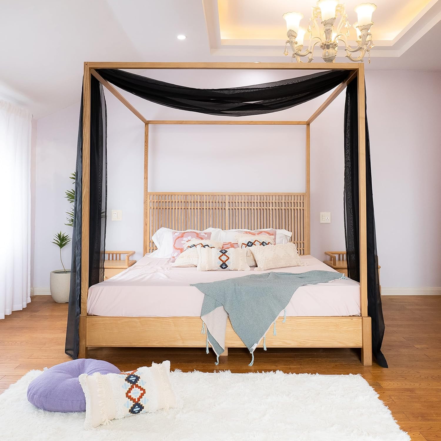 ANHXN  Canopy Bed Scarf for King & California King Bed, Luxury Sheer Bed Canopy Scarf, Sheer Scarf Valance Canopy Bed Drapes, Four Post Bed Canopy Drapes, Canopy Bed Curtains