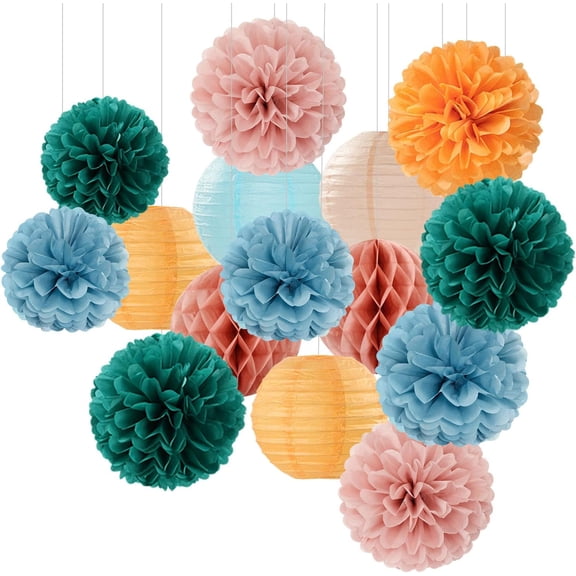 ANHXN Champagne-Decorations Paper-Flowers Lanterns - Boho Fall Rustic Tissue Streamers,Wedding Baby Bridal Shower Neutral Autumn Birthday Hanging Supplies Decor