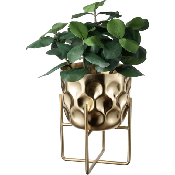 ANHXN  Deluxe Modern Hammered Brass Tone Metal Flower Planter Pot with Decorative Riser, Plant Pot with Display Stand Dcor