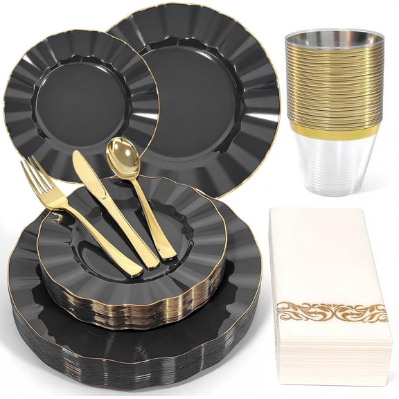 ANHXN Disposable Plastic Plates Dinnerware Set for Guests | Plastic Plates, Silverware Set, Cups and Napkins,Wedding Birthday,Family Party,Fancy Plastic Plates