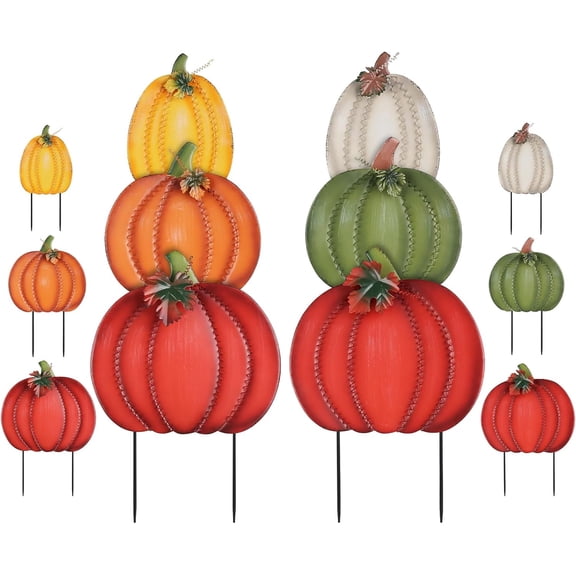 ANHXN Fall Decorative Garden Stakes with Stacked Pumpkins, Metal Yard Signs for Lawn Patio Outdoor Thanksgiving Decorations