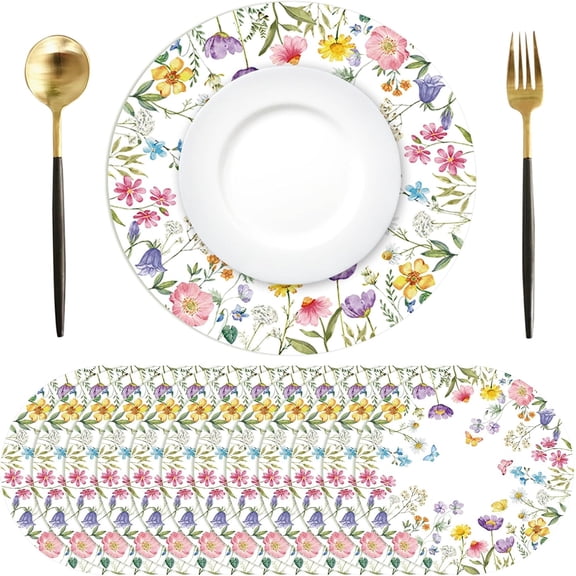 ANHXN Floral Paper Placemats Disposable Wedding Round Placemat Watercolor Flower Decorative Table Mats for Birthday Banquets Bride Anniversary Party