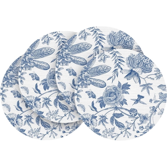 ANHXN Floral Vinyl Round Spring Placemats , Washable Heat Resistant Non-Slip Woven Summer Plastic PVC Place Mats for Farmhouse Party Kitchen Dining Decor