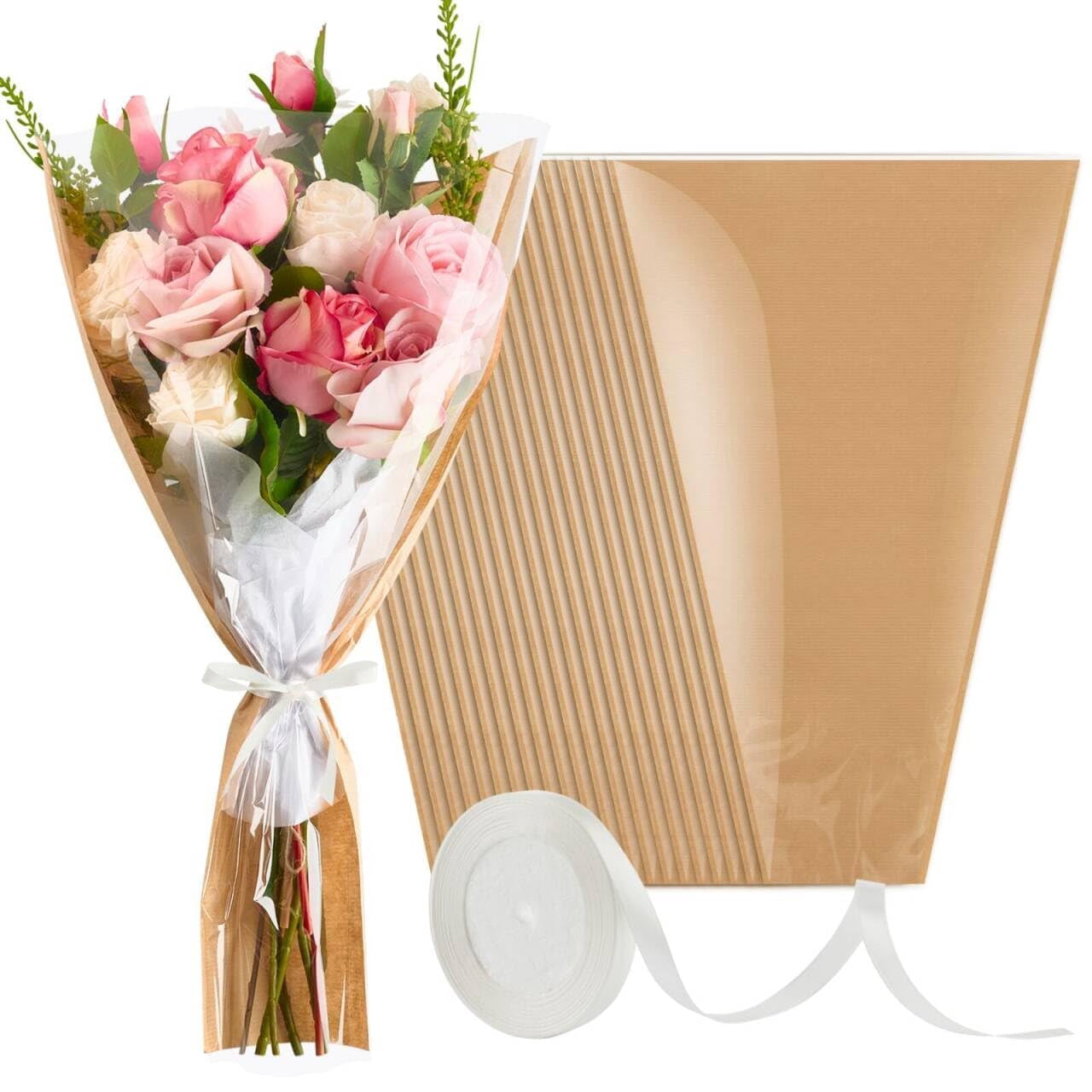 ANHXN Flower Bags for Bouquets, Flower Wrapping Paper Kraft Floral Wrap Sleeves with Ribbons for Mother's Day Florist Supplies Wedding
