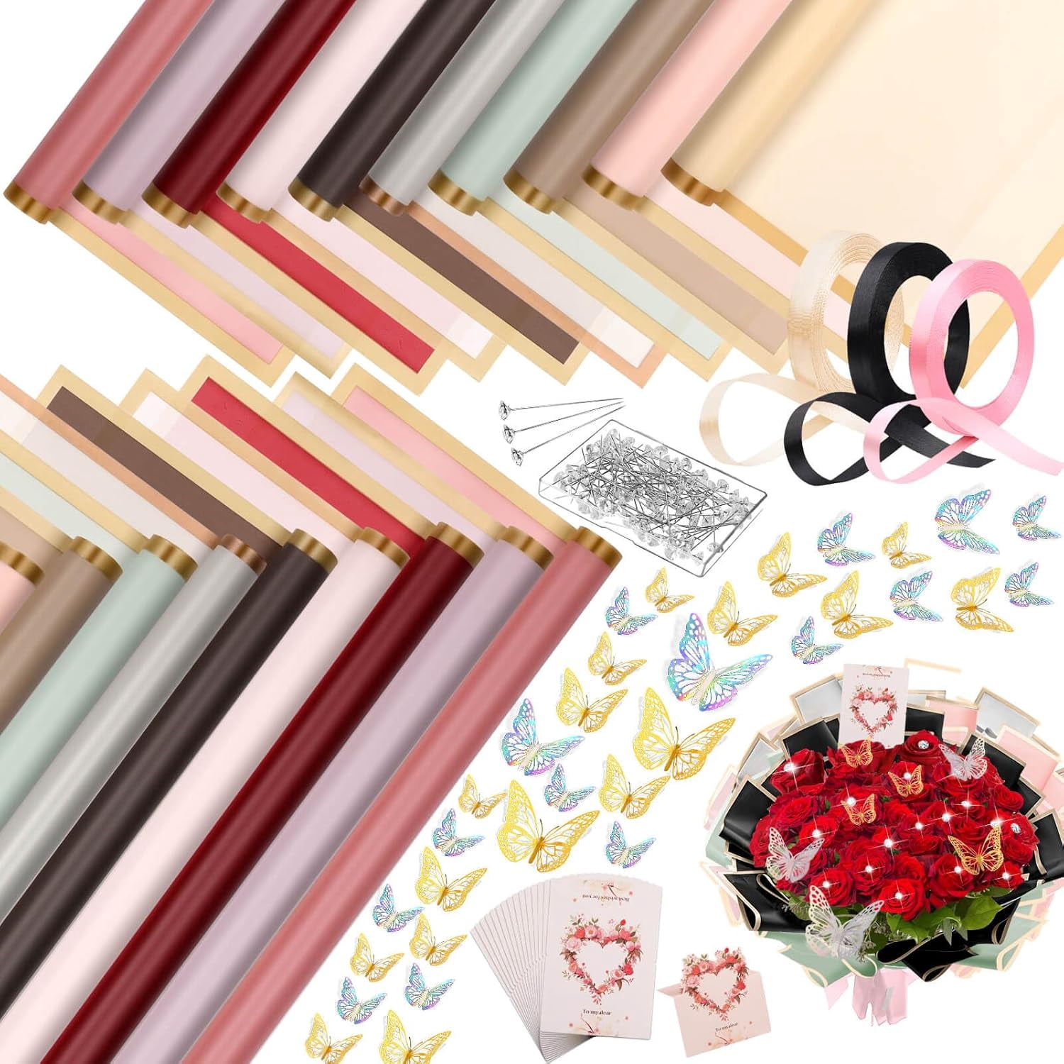 ANHXN  Flower Bouquet Wrapping Paper Kit Includes Floral Paper, Butterflies, Bouquet Pins, Ribbons and Greeting Cards for Mother's Day Wedding Baby Shower Graduation