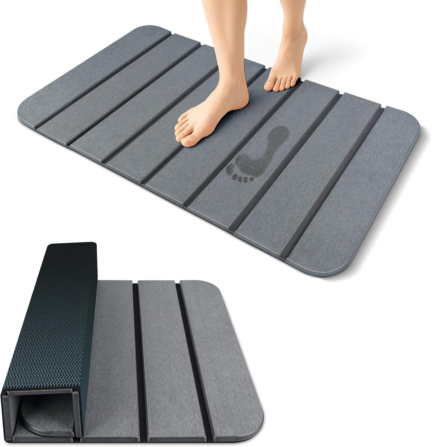 ANHXN Foldable Stone Bath Mat with Non Slip Rubber Base, Highly Absorbent Quick Drying Diatomaceous Earth Mat for Bathroom Use, Easy to Store and Clean