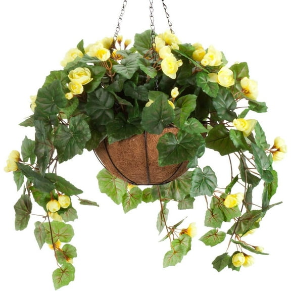 ANHXN Fully Assembled Artificial Begonia Hanging Basket, Polyester/Plastic Flowers in Metal and Coco Fiber Liner Basket for Indoor/Outdoor Use