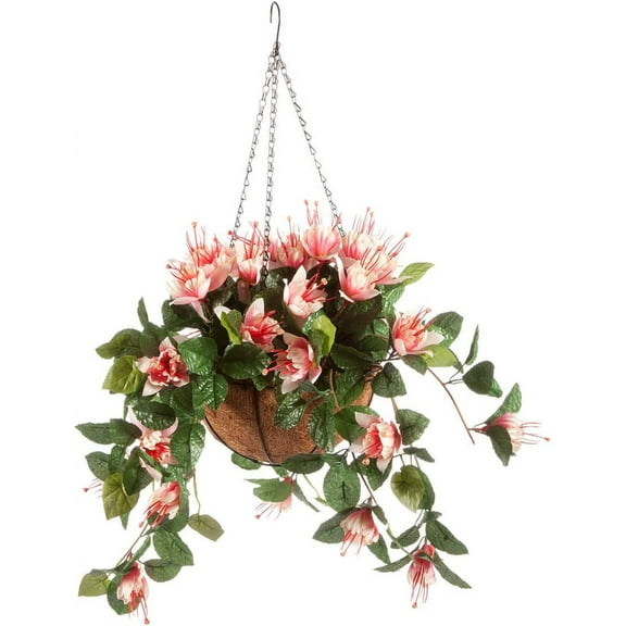 ANHXN Fully Assembled Artificial Fuchsia Hanging Basket– Polyester/Plastic Flowers in Metal/Coco Fiber Liner Basket for Indoor/Outdoor Use