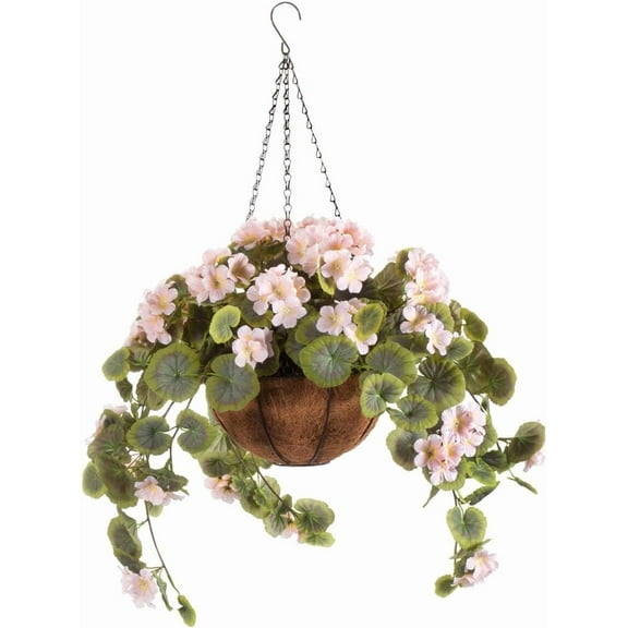 ANHXN Fully Assembled Artificial Geranium Hanging Basket,Polyester/Plastic Flowers in Metal and Coco Fiber Liner Basket for Indoor/Outdoor Use