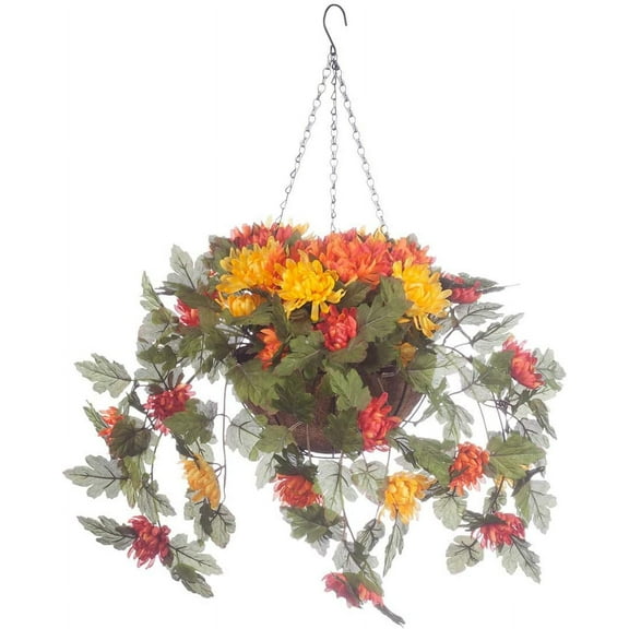 ANHXN Fully Assembled Mum Hanging Basket, Multi, Polyester/Plastic Flowers in Metal/Coco Fiber Liner Basket for Indoor/Outdoor Use