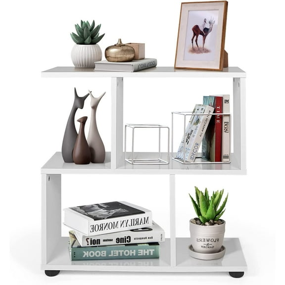 ANHXN Geometric Bookshelf, Tall Wood S-Shaped Display Shelves with Thick Foot Pads, Freestanding Open Shelves Nightstand, Floor Standing Display Shelf Bookcase