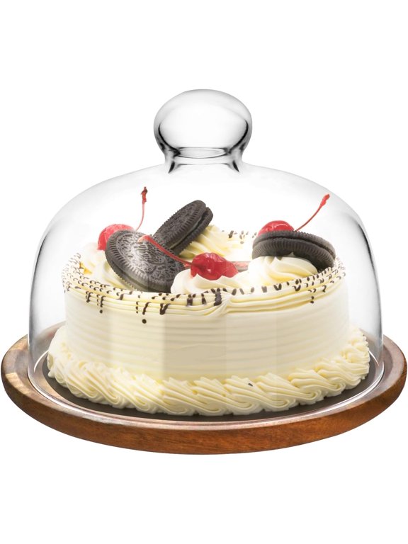 Glass Dome Cloche with Acacia Wood Tray  7" Cover for Cakes, Cheese & Table Display