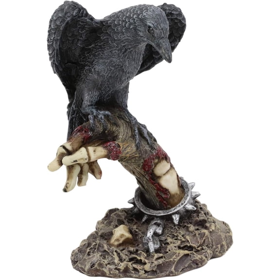 ANHXN Gothic Raven Crow Perching On Shackled Zombie Hand Emerging from Graveyard Statue Harbinger of Doom Scavenger Bird Figurine Ossuary Macabre Fantasy Halloween Decor Statue