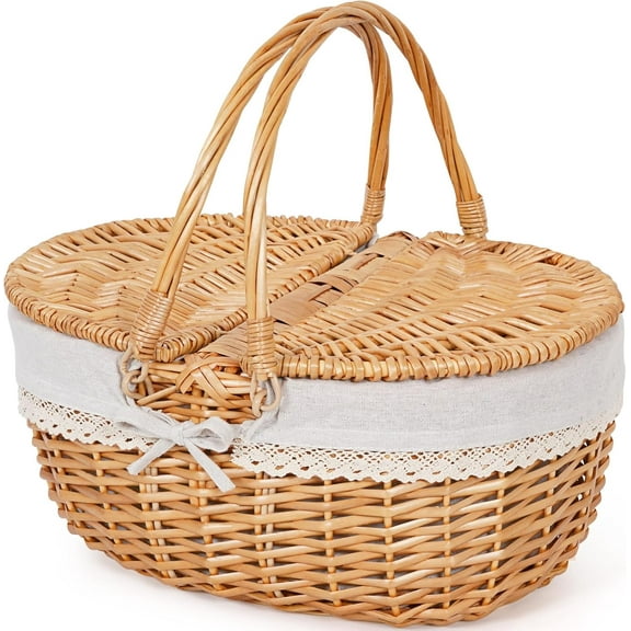 ANHXN Handheld Willow Picnic Basket, Vintage Handmade Basket for Picnicking, Camping, Vegetable Picking, Mother's Day, Thanksgiving