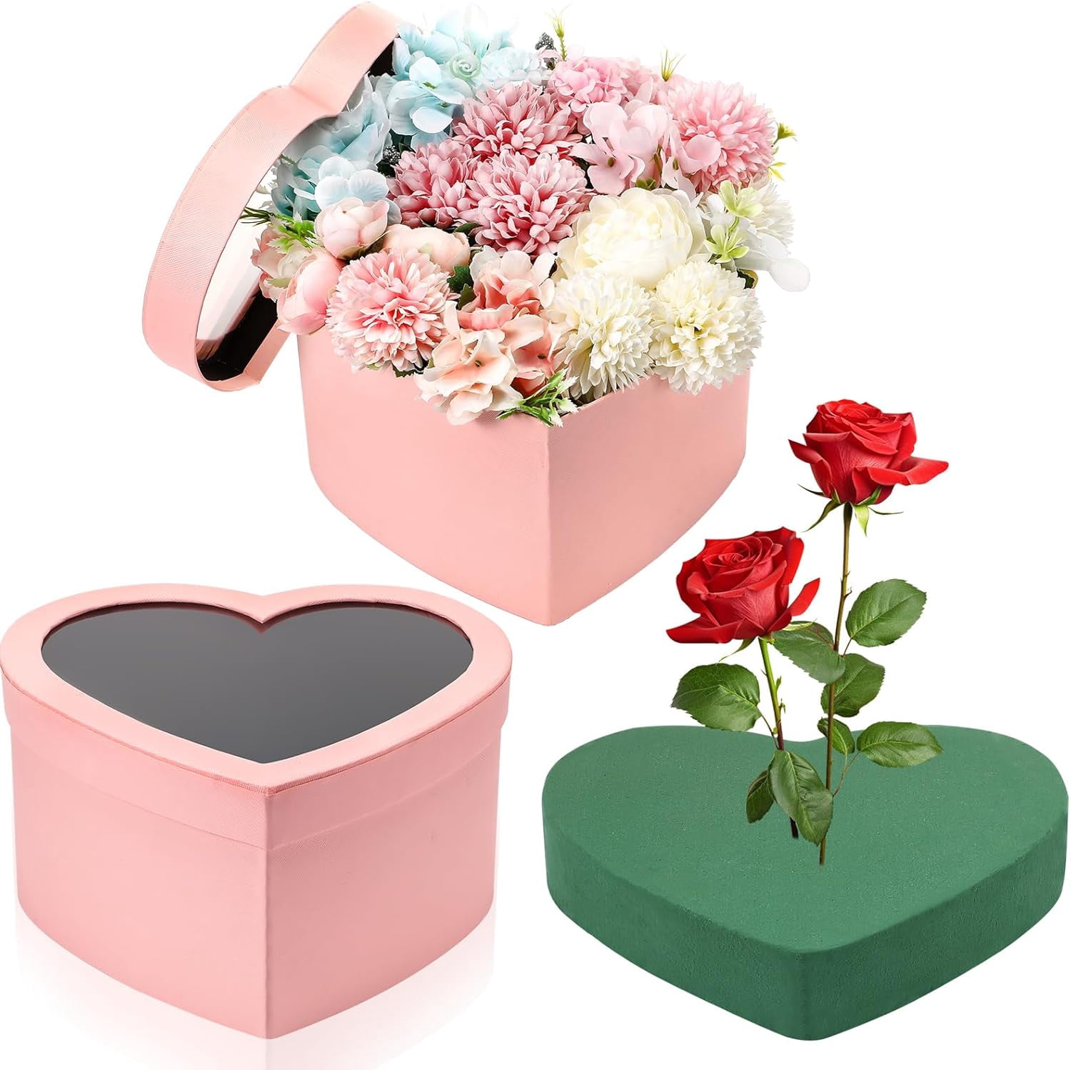 ANHXN Heart Gift Boxes with Lid & Floral Foam Set, Flower Gift Box with Clear Cellophane  for Mother's Day Wedding Bridesmaid Graduation Birthday