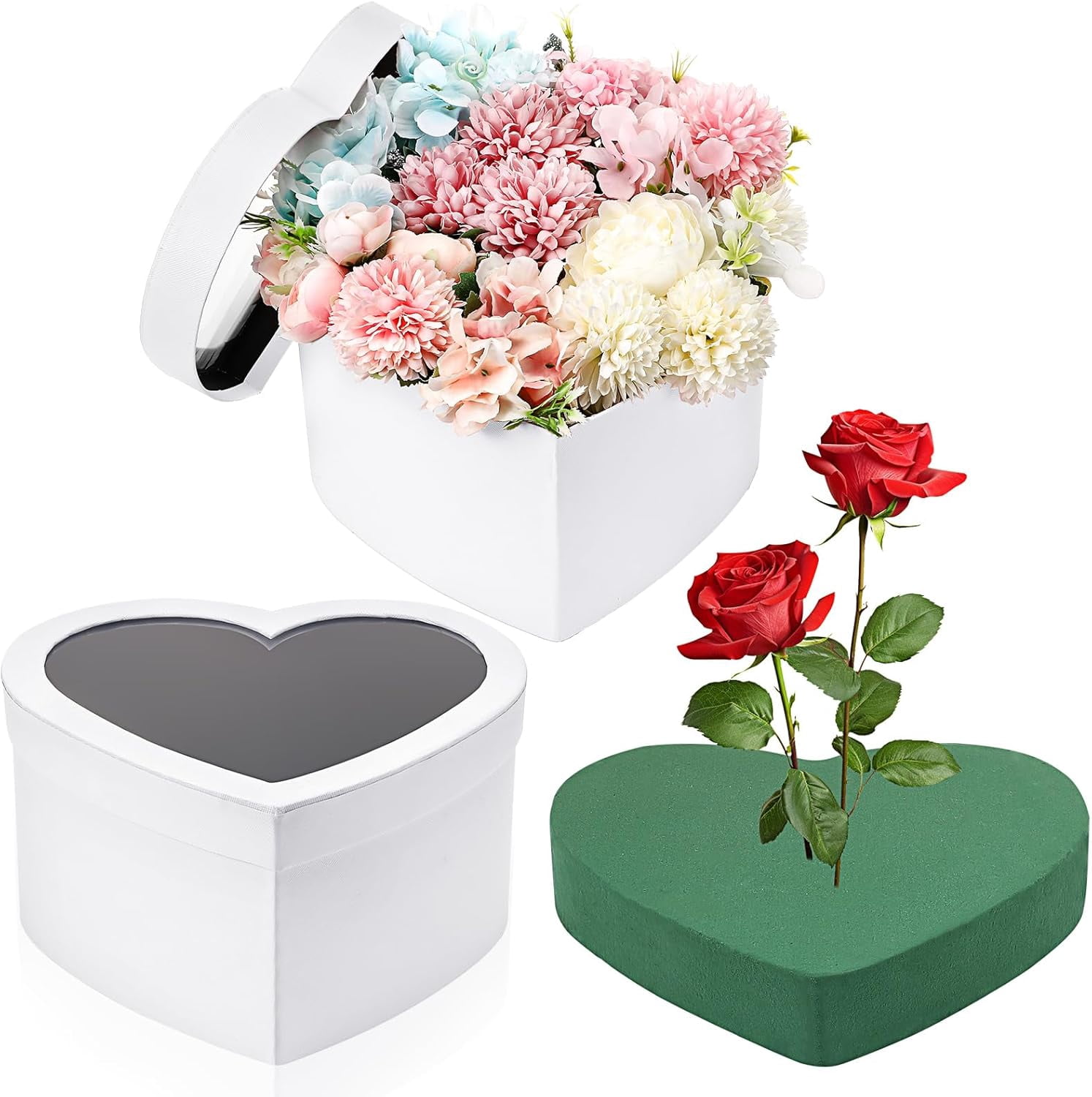 ANHXN Heart Gift Boxes with Lid & Floral Foam Set, Flower Gift Box with Clear Cellophane  for Mother's Day Wedding Bridesmaid Graduation Birthday