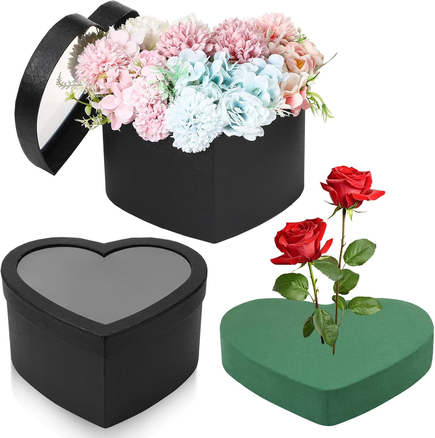 ANHXN Heart Gift Boxes with Lid & Floral Foam Set, Flower Gift Box with Clear Cellophane  for Mother's Day Wedding Bridesmaid Graduation Birthday
