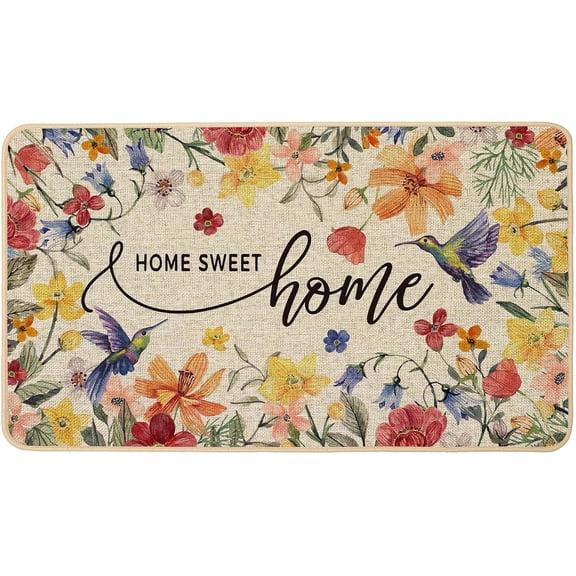 ANHXN Home Sweet Home Floral Welcome Doormat Outdoor Outside,Spring Summer Hummingbird Flowers Door Mat Low-Profile Non-Slip Rubber Backing Entrance Front Seasonal Decoration