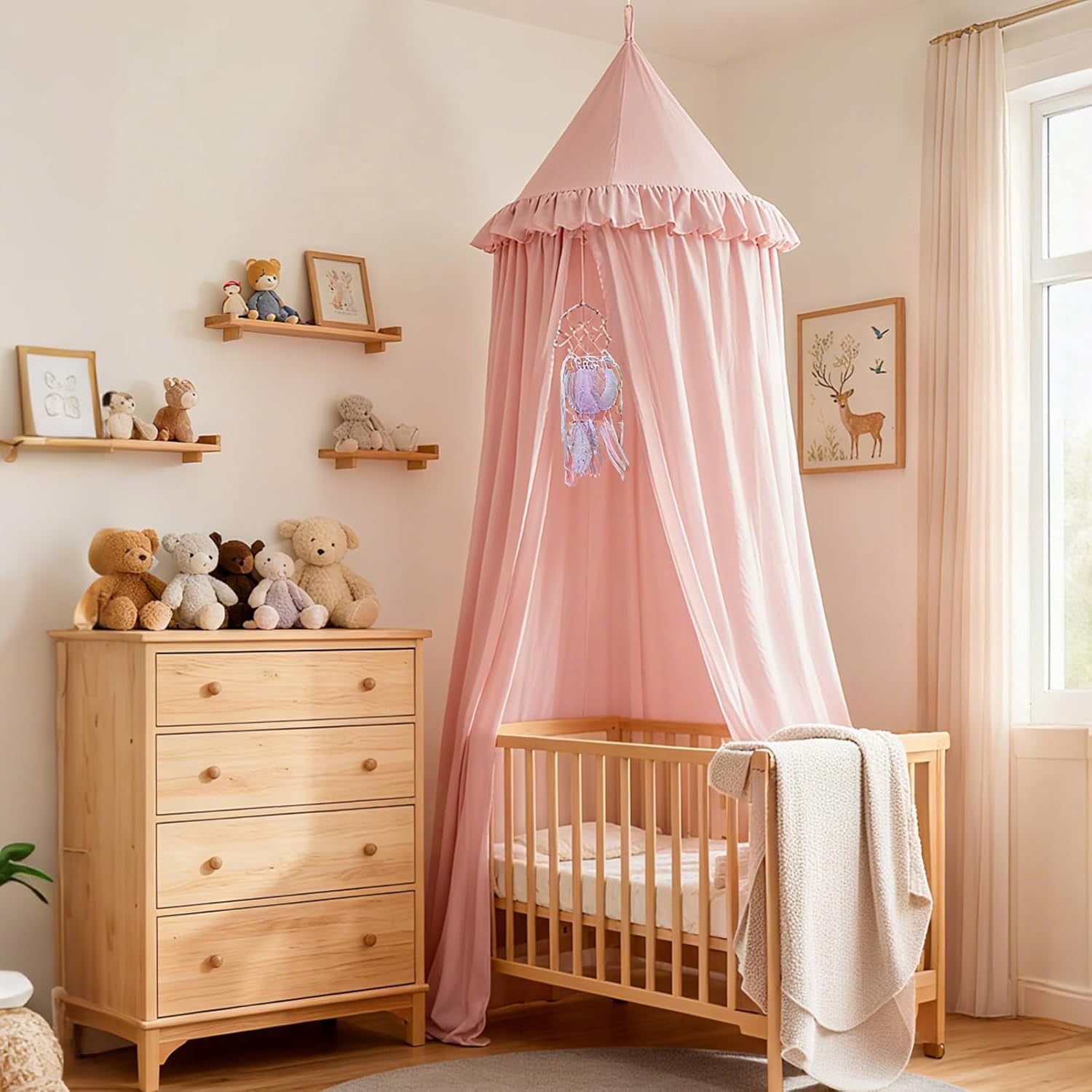 ANHXN Kids Bed Canopy for Crib & Twin Size with Ruffles Dreamcatcher,  Room Decor Toddler Baby Dome Round Hanging Tent Curtains Skirt Over Bed Reading Nook Play