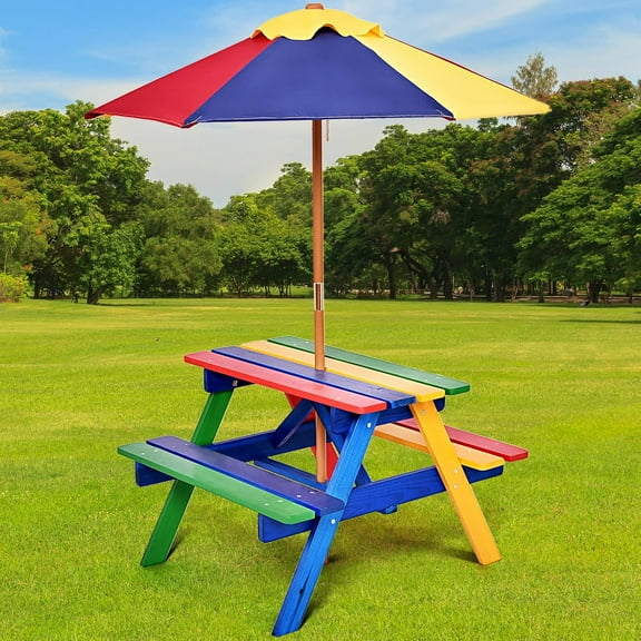 ANHXN Kids Picnic Table, Wooden Outdoor Table and Bench Set with Umbrella, Children Patio Furniture for Eating & Playing, Toddler Picnic Table for Backyard Garden, Gift for Boys Girls