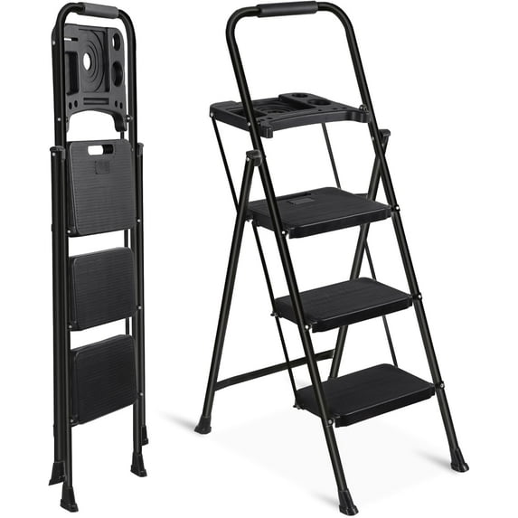 ANHXN Ladder with Tool Tray, Folding Step Stool with Wide Anti-Slip Pedal and Handgrip, Heavy Duty Steel Step Ladder for Home Kitchen Office Shop